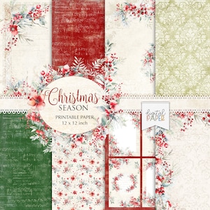 Kerstseizoen, afdrukbaar scrapbookingpapier, 12x12 inch, achtergrond, dagboekpagina's, ephemera, DIY Craft, scrapbookalbum, wenskaarten