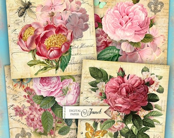 Fleur Paris - 4 x 4 inch - Set von 4 Karten - Printable Download - Digital Collage Sheet
