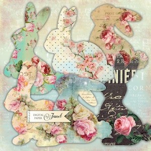 Etiqueta de conejitos, hoja de collage digital, imagen vintage, conejitos de Pascua, adornos, efímera, pegatinas de conejitos, decoración de Pascua