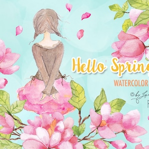 Hola Primavera - Ilustración de chica linda - Elementos de acuarela - Archivo PNG