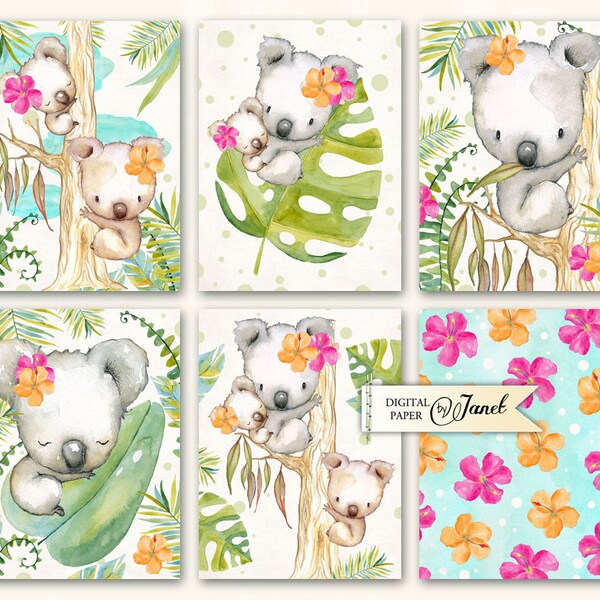 Journal Cards - Koala - Project Life - digital collage sheet - set of 6 cards - Printable Download