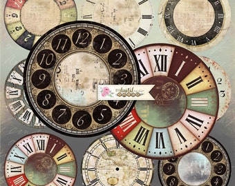 Printable Vintage Clocks - 2.5 Inch Round Images - Antique Timepiece Ephemera - Victorian Clock Faces for Crafts - DIY Jewelry Collage Sheet