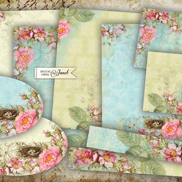 Vintage Floral Clock Ephemera, Shabby Chic Cards (Digital A4 JPG Set )