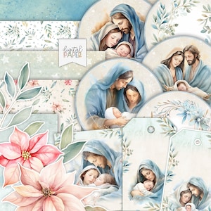 Nativité, Sacrée Famille, Amour du petit Jésus, Kit de scrapbooking, Journal des ordures ménagères, Éphémère, Image de Noël imprimable, Papier de Noël, étiquettes