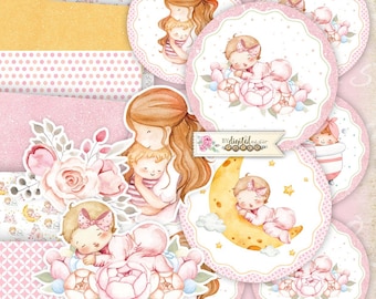 May include: A set of printable baby shower party circles featuring watercolor illustrations of a mother and baby, a baby sleeping on a crescent moon, and a baby sleeping on a flower. The circles are decorated with pink, yellow, and white colors and have a delicate floral design.