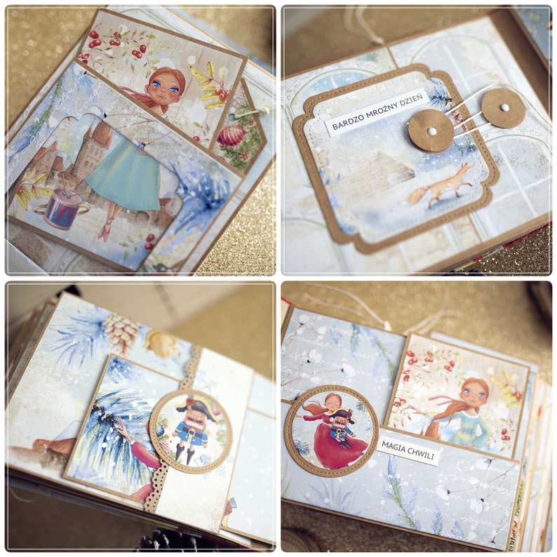 May include: A scrapbook with a winter theme. The pages are decorated with snowflakes, pine trees, and other wintery elements. The pages also feature illustrations of a girl in a blue dress, a nutcracker, and a fox. The text on the pages reads "Bardzo mroźny dzień" and "Magia chwili".