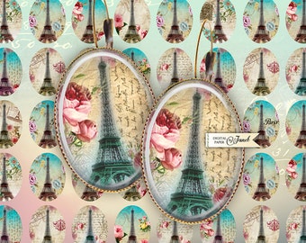 Paris and Roses - oval image - 18 x 25 mm - digital collage sheet  - Printable Download