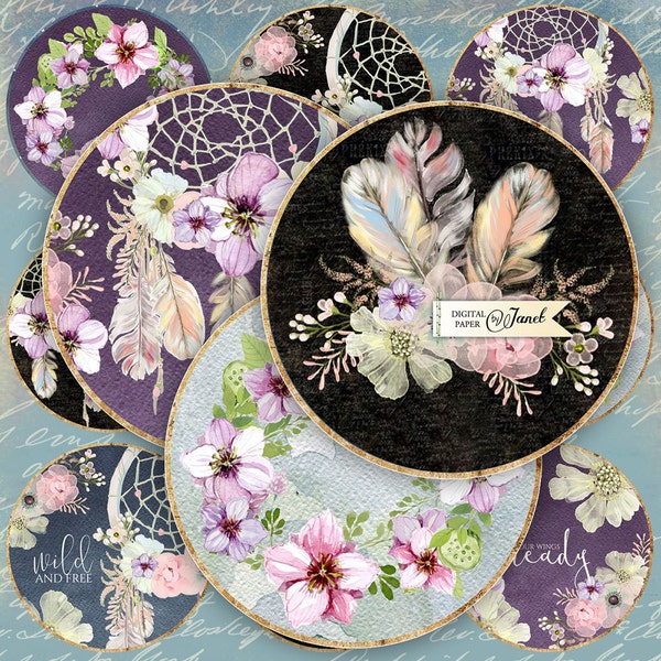 Boho Art - 2.5 inch circles - set of 12 - digital collage sheet - pocket mirrors, tags, scrapbooking, cupcake toppers