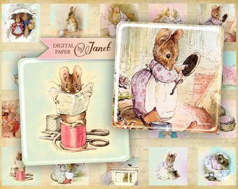 Beatrix Potter - illustration - squares image - 1 x 1 inch - Printable Download