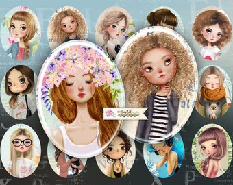 Cute Girls Portrait - oval image - 30 x 40 mm - digital collage sheet - Printable Download