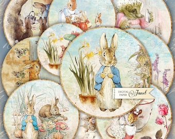 illustrations - Peter Rabbit - 2.5 inch circles - set of 12 - digital collage sheet - pocket mirrors, tags, scrapbooking, cupcake toppers