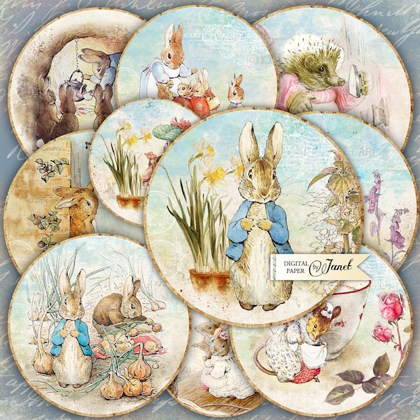 Peter Rabbit, circles 2.5, digital collage sheet, tags, cupcake toppers, vintage ephemera, scrapbooking embellished, junk journal, DIY craft