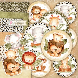 Animali Safari, Kit di scrapbooking stampabili, Adesivi, Toppers, Carta Scrapbooking, Art File, Forniture artigianali