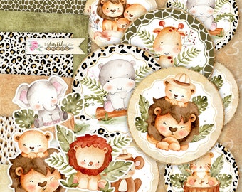 Animali Safari, Kit di scrapbooking stampabili, Adesivi, Toppers, Carta Scrapbooking, Art File, Forniture artigianali