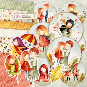 Herfstliefde, herfstbladeren, afdrukbare scrapbookingkits, stickers, toppers, scrapbookingpapier, ambachtelijke benodigdheden, creativiteitsset, doe-het-zelf ambacht