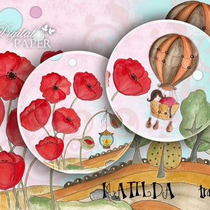 Matilda Travel, cute gilr, 2.5 inch, Circles Stickers, Scrapbooking Paper, Junk Journal, Ephemera, DIY Craft, Project, Cupcake Toppers image 1
