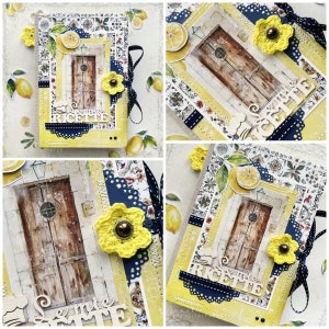 May include: A yellow and brown scrapbook with a crocheted flower embellishment. The cover features a vintage-style door with a lemon tree and the words "Le mie Ricette" in a decorative font.