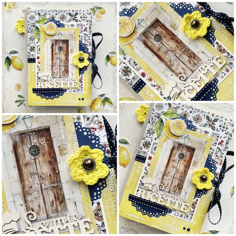 May include: A yellow and brown scrapbook with a crocheted flower embellishment. The cover features a vintage-style door with a lemon tree and the words "Le mie Ricette" in a decorative font.