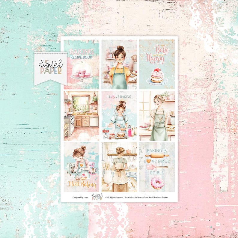Vintage Baking Digital Paper, Shabby Chic Recipe Cards, Kitchen Junk ...