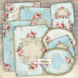 Bleu clair, Roses anciennes, Éphémères, Journal indésirable, Feuilles de collage, Étiquettes imprimables, Fournitures pour scrapbooking, Collage numérique, Papier vintage
