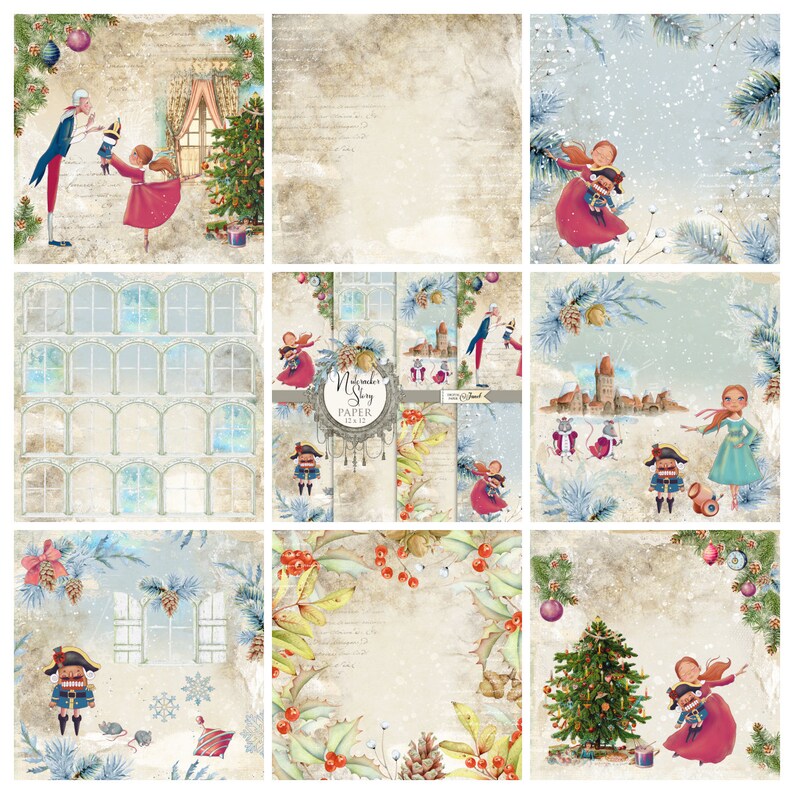 May include: A set of nine digital scrapbook paper designs featuring a winter wonderland theme with a nutcracker, a girl in a red dress, and a Christmas tree. The papers are in a variety of colors, including blue, green, red, and white.