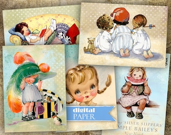 Illustrazione vintage 1 - foglio di collage digitale - set di 8 carte - Download stampabile
