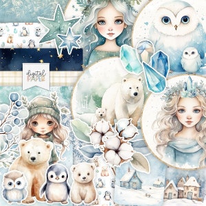 Vento polare, Cuccioli di animale, Inverno, Polo Nord, Kit di scrapbooking, Diario spazzatura, Ephemera, Carta stampabile, adesivi, Artigianato fai-da-te, Creazione di cartoline