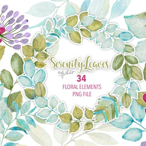 Serenity Leaves Collection - 34 Floral Watercolor Elements - PNG file - decoupage sheets