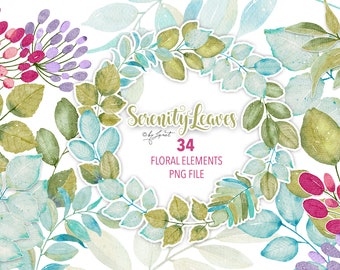 Serenity Leaves Clipart, 34 Watercolor Greenery PNG, Eucalyptus Leaf Sublimation, Cricut Cut Files, Botanical Decoupage Paper, Wedding Art
