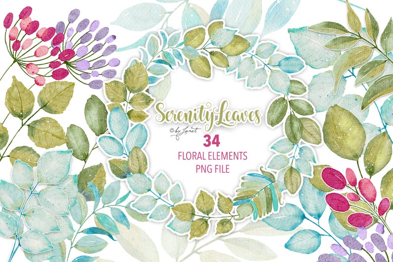 Serenity Leaves Collection  34 Floral Watercolor Elements  zdjęcie 1