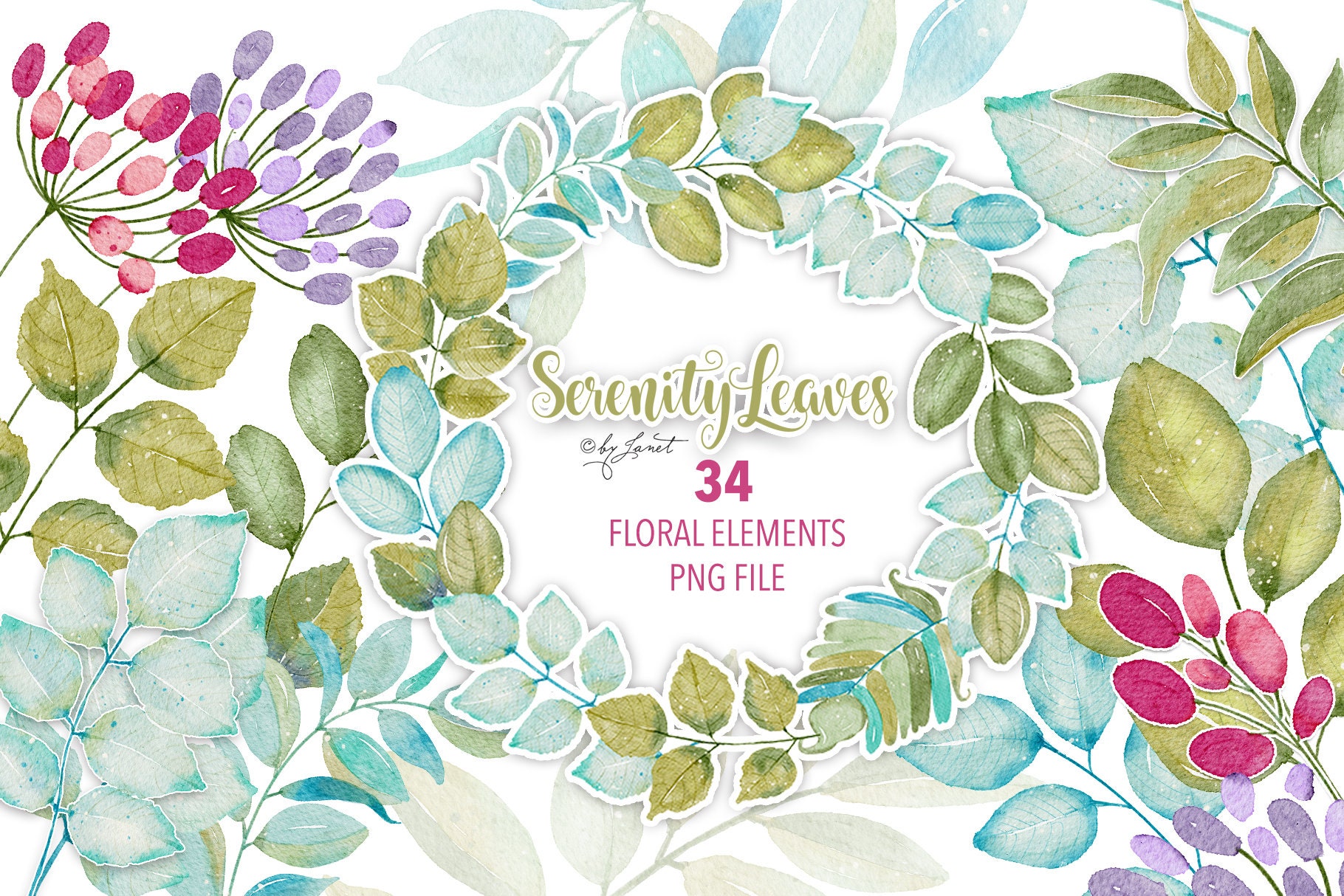 Serenity Leaves Collection 34 Floral Watercolor Elements zdjęcie 1