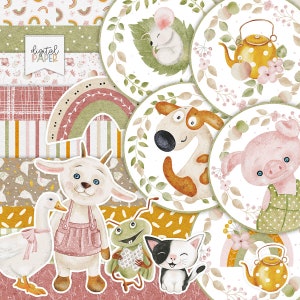 Amici della fattoria - Kit Scrapbooking stampabili - Adesivi - Toppers - Carta Scrapbooking - File d'arte - Forniture artigianali
