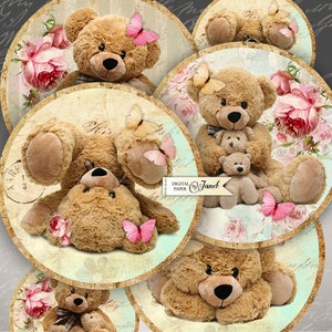 Teddy Bears - 2.5 inch circles - set of 12 - digital collage sheet - pocket mirrors, tags, scrapbooking, cupcake toppers
