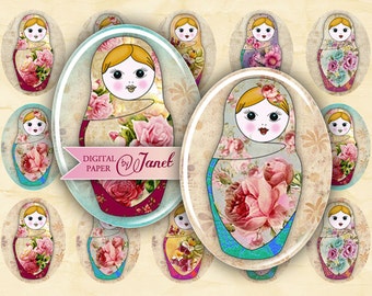 Matrioshka - oval image - 30 x 40 mm or 18 x 25 mm - digital collage sheet  - Printable Download