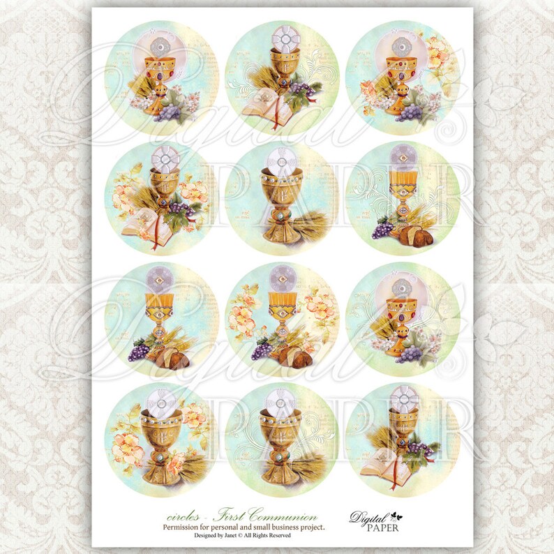 First Communion 2,5 inch circles set of 12 digital collage sheet pocket mirrors, tags, scrapbooking, cupcake toppers image 2