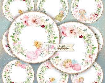 Flower Angel - Cerchi da 2,5 pollici - set di 12 - foglio collage digitale - specchi tascabili, tag, scrapbooking, topper cupcake