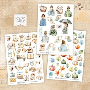 Op de afbeelding: Drie digitale papieren met aquarel illustraties. De eerste pagina bevat een verscheidenheid aan herfstthema-items, waaronder pompoenen, bladeren en een kopje koffie. De tweede pagina bevat een verscheidenheid aan herfstthema-items, waaronder een kopje koffie, een boek en een paar pantoffels. De derde pagina bevat een verscheidenheid aan herfstthema-items, waaronder een kopje koffie, een boek en een paar pantoffels.