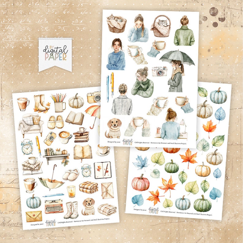 Op de afbeelding: Drie digitale papieren met aquarel illustraties. De eerste pagina bevat een verscheidenheid aan herfstthema-items, waaronder pompoenen, bladeren en een kopje koffie. De tweede pagina bevat een verscheidenheid aan herfstthema-items, waaronder een kopje koffie, een boek en een paar pantoffels. De derde pagina bevat een verscheidenheid aan herfstthema-items, waaronder een kopje koffie, een boek en een paar pantoffels.