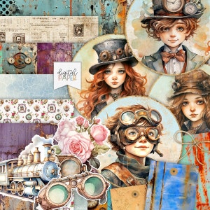 Steampunk Bambini - Kit Scrapbooking stampabili - Adesivi - Carta Scrapbooking - File d'arte - Progetto artigianale fai da te