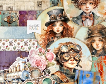 Steampunk Bambini - Kit Scrapbooking stampabili - Adesivi - Carta Scrapbooking - File d'arte - Progetto artigianale fai da te