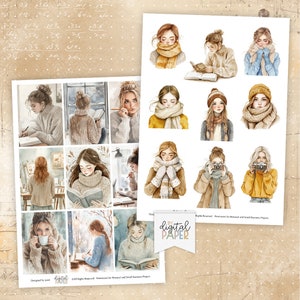 Op de afbeelding: Een digitaal papierpakket met 12 illustraties van vrouwen die winterkleding dragen. De vrouwen worden afgebeeld in verschillende poses, waaronder lezen, schrijven en foto's maken. De illustraties zijn in aquarelstijl en hebben een zachte, romantische uitstraling.