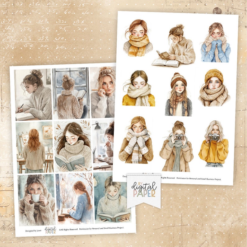 Op de afbeelding: Een digitaal papierpakket met 12 illustraties van vrouwen die winterkleding dragen. De vrouwen worden afgebeeld in verschillende poses, waaronder lezen, schrijven en foto's maken. De illustraties zijn in aquarelstijl en hebben een zachte, romantische uitstraling.