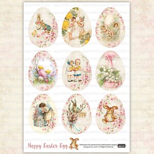 May include: Nine vintage Easter egg illustrations with various designs, including bunnies, chicks, flowers, and children. The eggs are on a white background with a light pink and brown distressed texture.