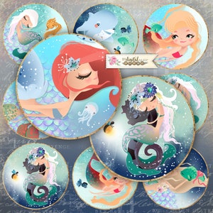 Kleine Meerjungfrau - 2,5 Zoll Kreise - 12er Set - digitales Collage Blatt - Taschenspiegel, Tags, Scrapbooking, Cupcake Toppers