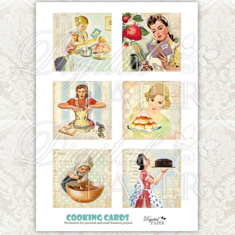Cooking Cards 1 set of 6 digital collage sheet Printable Download image 2