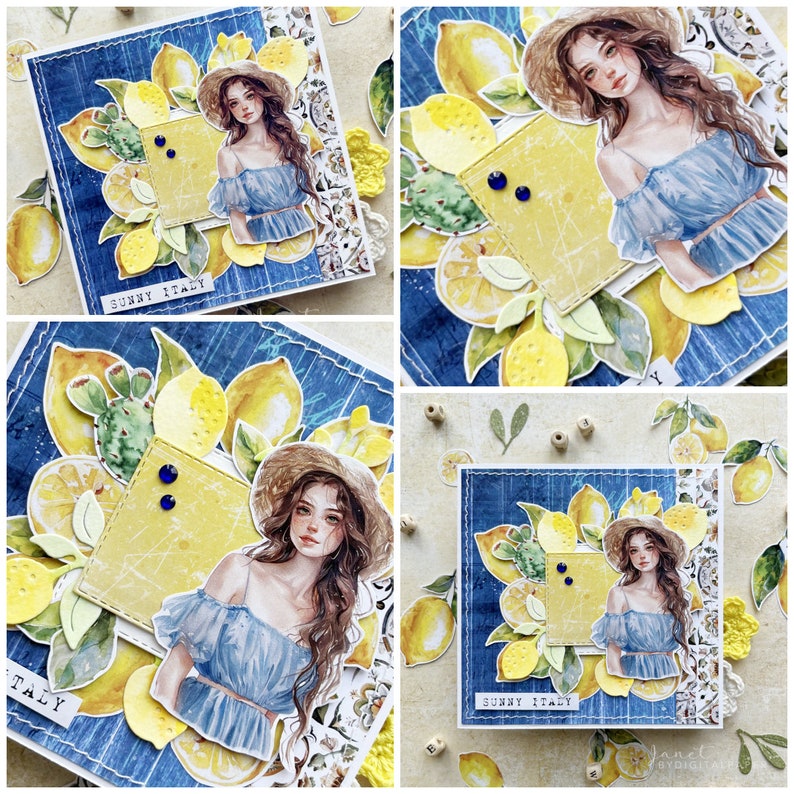 May include: A scrapbook page with a blue denim background and yellow lemons. The page features a watercolor illustration of a woman with long brown hair wearing a straw hat and a blue dress. The text "Sunny Italy" is written on the page.