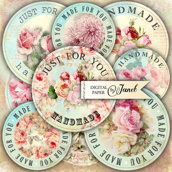 Handmade Labels - 2 inch circles - set of 15 - digital collage sheet - pocket mirrors, tags, scrapbooking, cupcake toppers