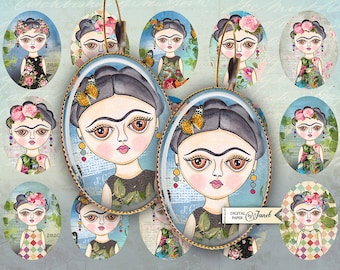 Frida - oval image - 18 x 25 mm - digital collage sheet - Printable Download