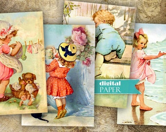 Vintage Illustration 2 - digital collage sheet - set of 8 cards - Printable Download