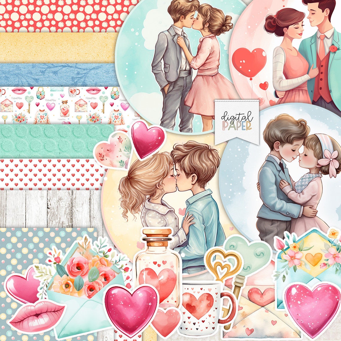 Valentine Day, Printable Scrapbooking Kits, Stickers, Toppers, Ephemera, Paper Craft, Cardmaking, Cricut, Cute Girls, I Love YOU, Printable zdjęcie 1